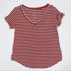 AEO Soft & Sexy Maroon White Striped V-Neck Tee XS